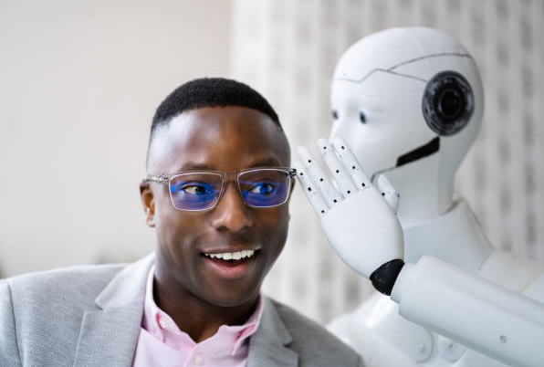 Robot whispering into black man's ear