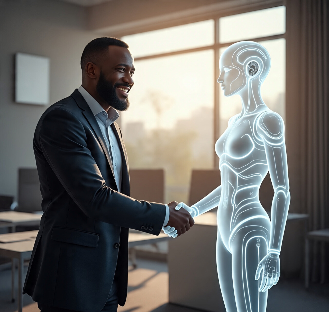 Human and lifelike AI figure shaking hands in a modern African workspace.