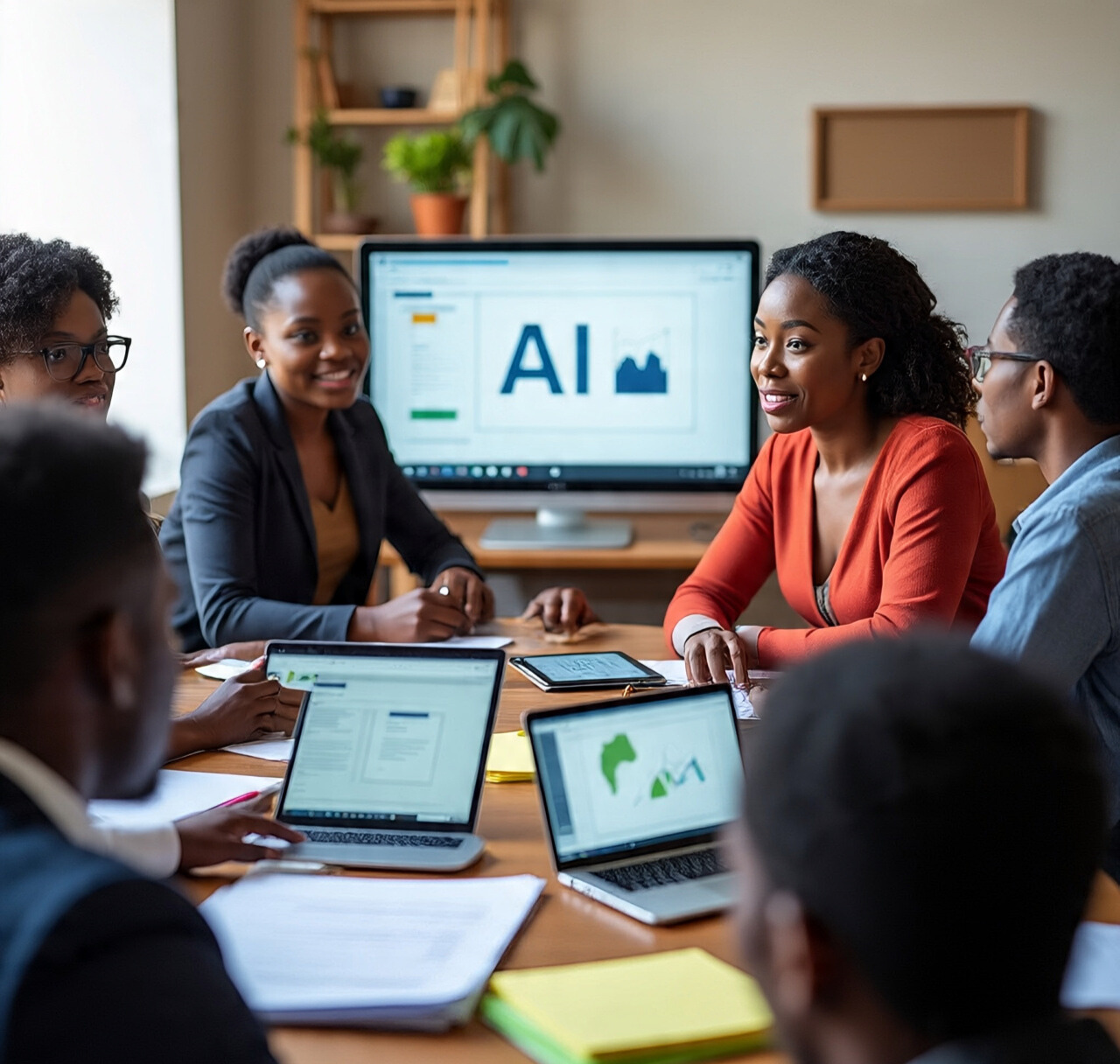 African woman leading a team AI training session in a collaborative office space.