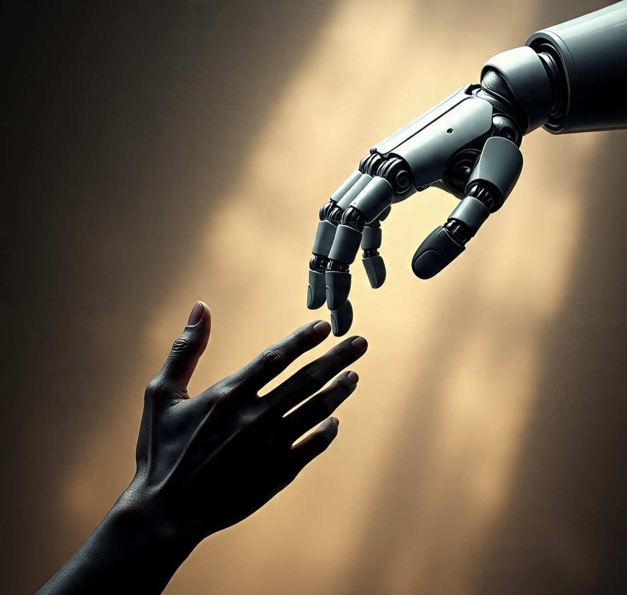 Human and AI collaboration represented through hands reaching
