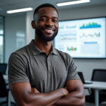 Black male professional standing in an office near a digital whiteboard