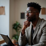 Black male creative lead seated in a studio with a tablet, looking thoughtful