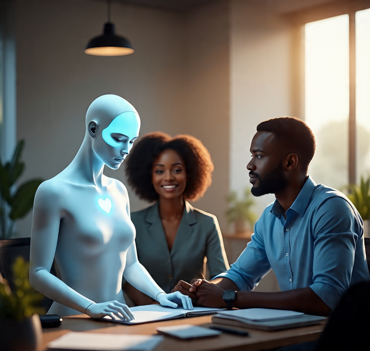 Black professionals in an African office collaborating with a realistic human-like AI being.
