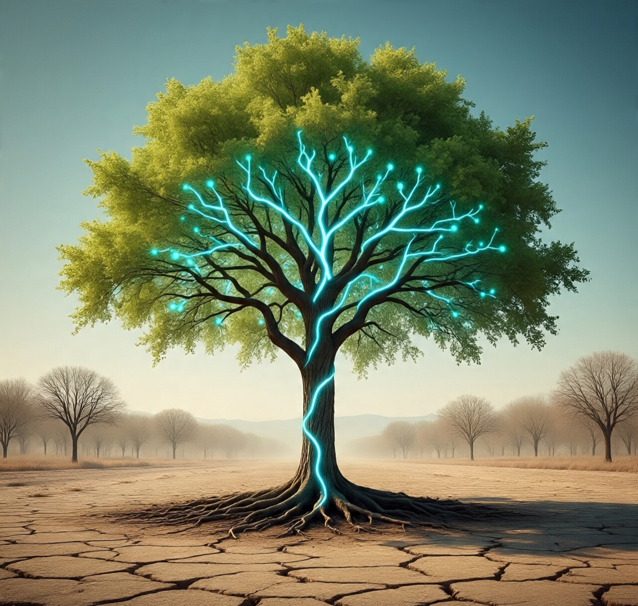 A thriving tree with glowing tech-inspired branches growing from a dry field.